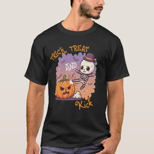 Funny Halloween Skeleton "Trick, Treat and Kick T-shirt (Voorkant)