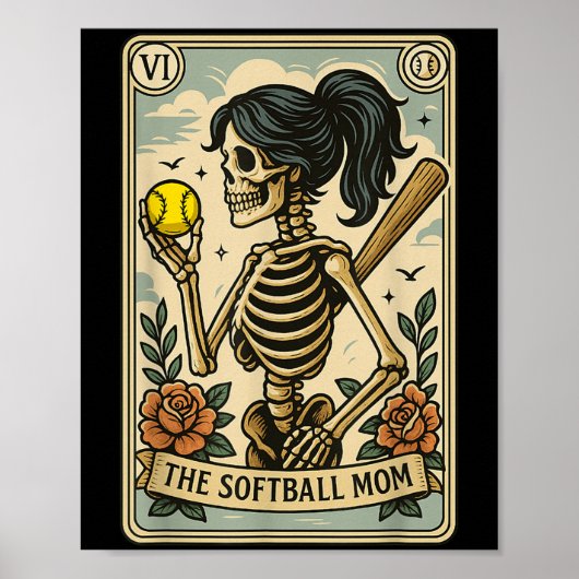 Funny Halloween Softball Mama Mom Skeleton Tarot C Poster (Voorkant)