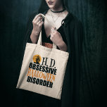 Funny Halloween Tote Bag<br><div class="desc">Een kleine Halloween humor in oranje en zwart. Niets zegt dat je meer geobsedeerd bent door de Halloween vakantie dan O.H.D., Obsessief Halloween Disorder. Volledig met haunted house en spooky vleermuizen voor de O.</div>