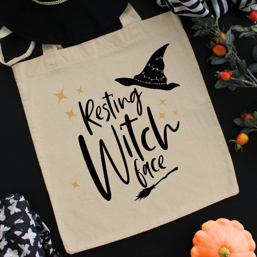Funny Halloween Typography Witch, Broom & Hat Tote Bag