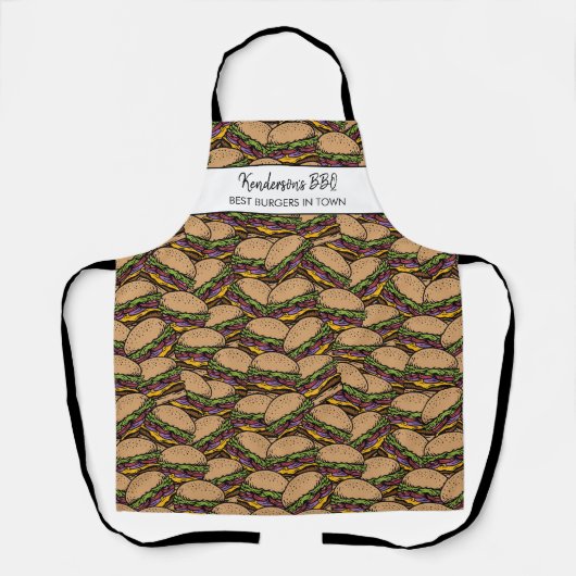 Funny Hamburger BBQ Pattern Custom Chef Name Text Schort (Voorkant)