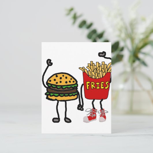 Funny Hamburger en Cartoon van Franse Fries Art Briefkaart (Staand voorkant)