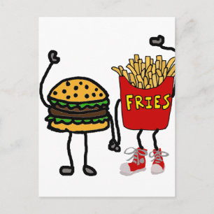 Funny Hamburger en Cartoon van Franse Fries Art Briefkaart