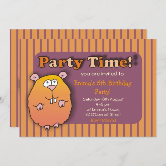 Funny Hamster Oranje Paarse gestripte uitnodiginge Kaart (Voorkant / Achterkant)