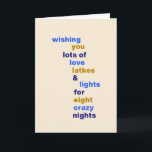 Funny Hanukkah Love Latkes Lights Blue Custom Feestdagen Kaart<br><div class="desc">Funny Hanukkah Love Latkes Lights in Blue Holiday Card with custom letter or message inside</div>