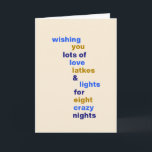 Funny Hanukkah Love Latkes Lights Blue Custom Feestdagen Kaart<br><div class="desc">Funny Hanukkah Love Latkes Lights in Blue Holiday Card with custom letter or message inside</div>