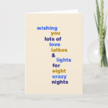 Funny Hanukkah Love Latkes Lights in Blue Feestdagen Kaart<br><div class="desc">Funny Hanukkah Love Latkes Lights in Blue Holiday Kaart</div>