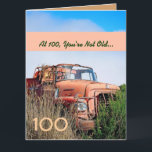 FUNNY Happy 100th Birthday  Oranje Truck A1 Kaart<br><div class="desc">FUNNY Happy 100th Birthday Oranje Truck A1. Deze kaart met zijn vrachtwagen in een veld is een leuke manier om een heel speciale man een gelukkige verjaardag te wensen. Alle tekst is aanpasbaar.Een leuke en één-van-een-soort kaart! Om meer van mijn verjaardagskaarten te zien, typ in het jaar u wilt, en...</div>