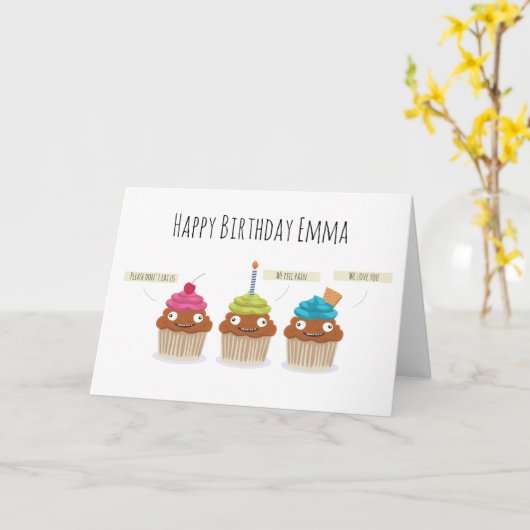 Funny Happy Birthday cartoon Cupcakes dark humor Kaart (Gele Bloem)