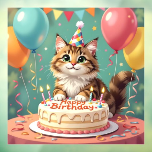 Funny happy birthday cat raamsticker (Vel 3)