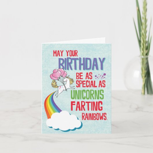 Funny Happy Birthday Kaart - Eenhoorns en Regenbog (Voorkant)