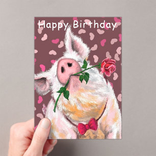 Funny Happy Birthday Kaart Gentleman Pig met Roos Acryl Uitnodigingen
