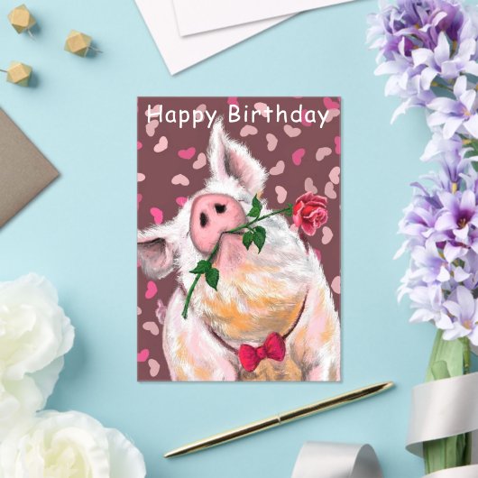 Funny Happy Birthday Kaart Gentleman Pig met Roos Acryl Uitnodigingen (Insitu (Huwelijk))