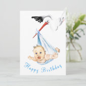 Funny Happy Birthday Kaart Ooievaar Dragen Baby (Staand voorkant)