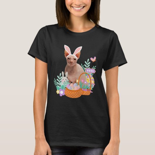 Funny happy easter sphynx cat bunny eggs basket ra t-shirt (Voorkant)