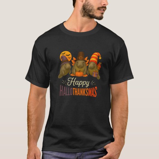 Funny Happy Hallothanksmas Manatees Autumn Holiday T-shirt (Voorkant)