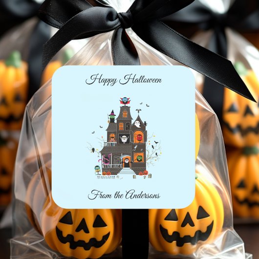 Funny Happy Halloween Haunted House People Vierkante Sticker