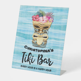 Funny Happy Hour Monogrammed Tiki Bar Reclamebord Met Voetstuk