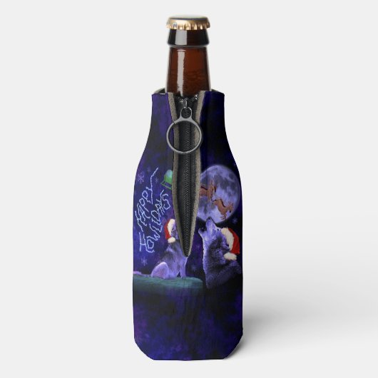Funny Happy Howlidays Kerstmis Wolf Pun Flesjeskoeler (Fles Achterkant)