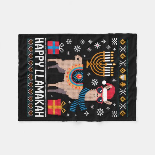 Funny Happy Llamakah Llama With Menorah  Fleece Deken (Voorkant (Horizontaal))