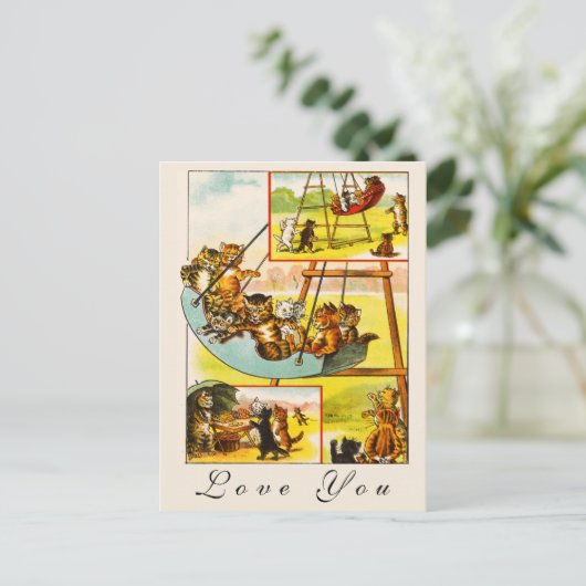 Funny Happy Retro Cats Kittens Spelen Liefde U Briefkaart (Staand voorkant)