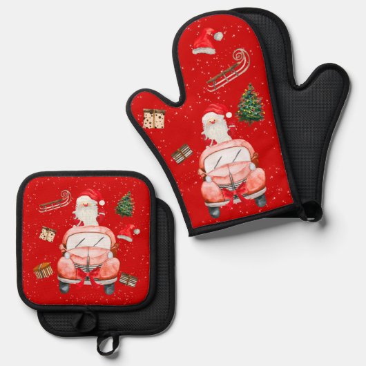 Funny Happy Santa Christmas cartoon Ovenwant & Pannenlap Set (Voorkant / Achterkant)