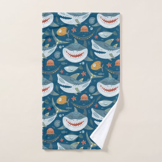 Funny Happy Shark Blue Ocean Animal Pattern Bad Handdoek (Handdoek)