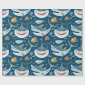 Funny Happy Shark Blue Ocean Animal Pattern Cadeaupapier (Vlak)