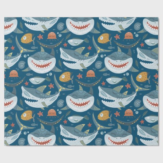 Funny Happy Shark Blue Ocean Animal Pattern Cadeaupapier (Vlak)