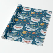 Funny Happy Shark Blue Ocean Animal Pattern Cadeaupapier (Uitgerold)