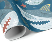 Funny Happy Shark Blue Ocean Animal Pattern Cadeaupapier (Rol Hoek)