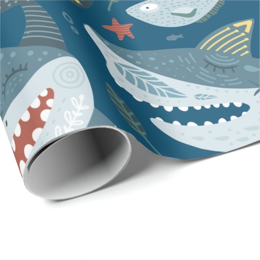 Funny Happy Shark Blue Ocean Animal Pattern Cadeaupapier (Rol Hoek)