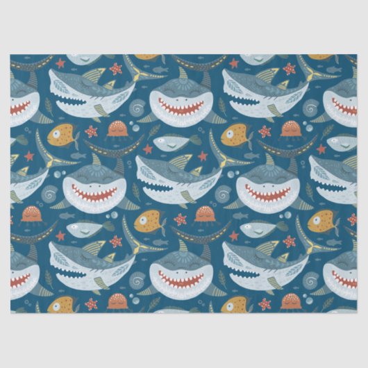 Funny Happy Shark Blue Ocean Animal Pattern Tissuepapier (Voorkant)