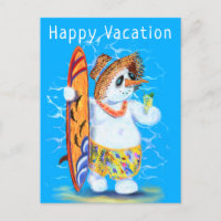Funny Happy Vacation Kaart Zomer Sneeuwman Surfer