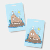 Funny happy walrus cartoon illustratie badge (Voor- en achterkant)