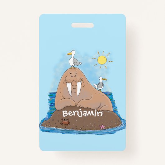 Funny happy walrus cartoon illustratie badge (Voorkant)