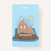 Funny happy walrus cartoon illustratie badge (Achterkant)