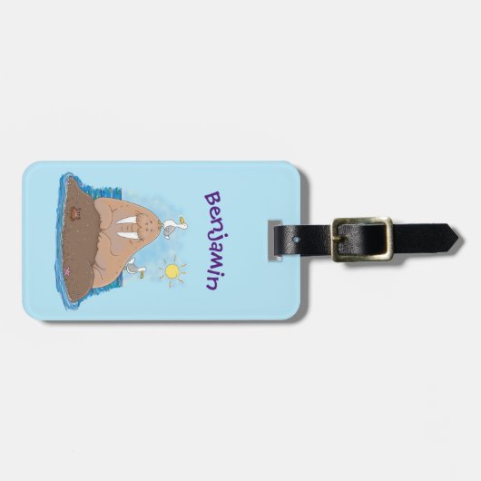 Funny happy walrus cartoon illustratie bagagelabel (Voorkant horizontaal)