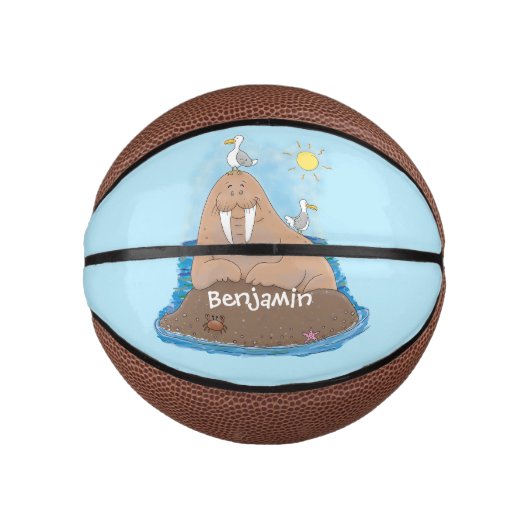 Funny happy walrus cartoon illustratie basketbal (Voorkant)