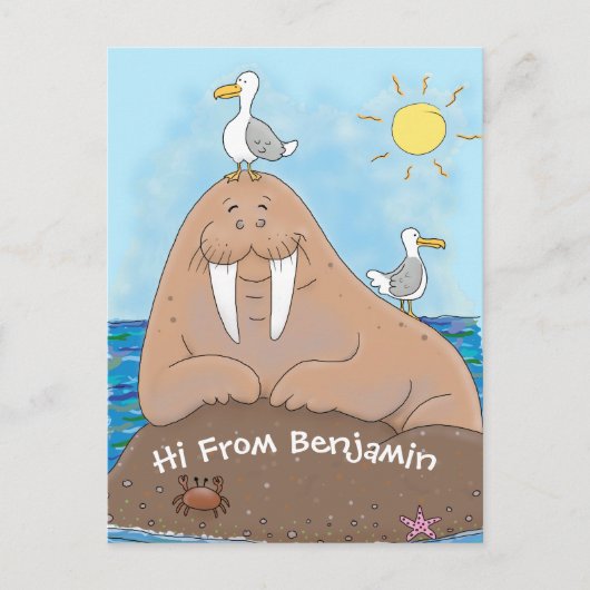 Funny happy walrus cartoon illustratie briefkaart (Voorkant)