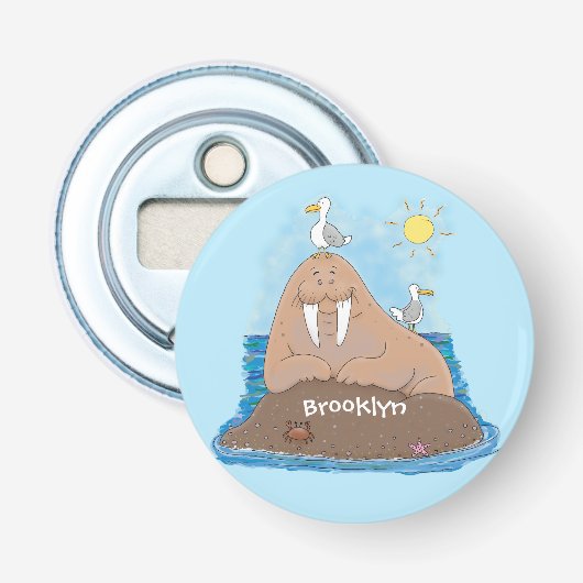 Funny happy walrus cartoon illustratie button flesopener (Voorkant)