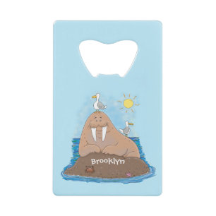 Funny happy walrus cartoon illustratie creditkaart flessenopener