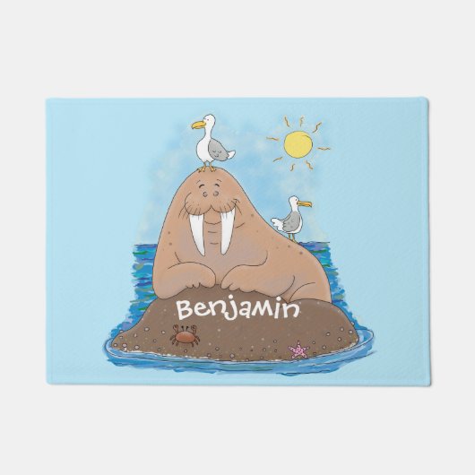 Funny happy walrus cartoon illustratie deurmat (Voorkant)