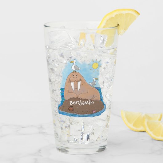 Funny happy walrus cartoon illustratie glas (Achterkant ijs)