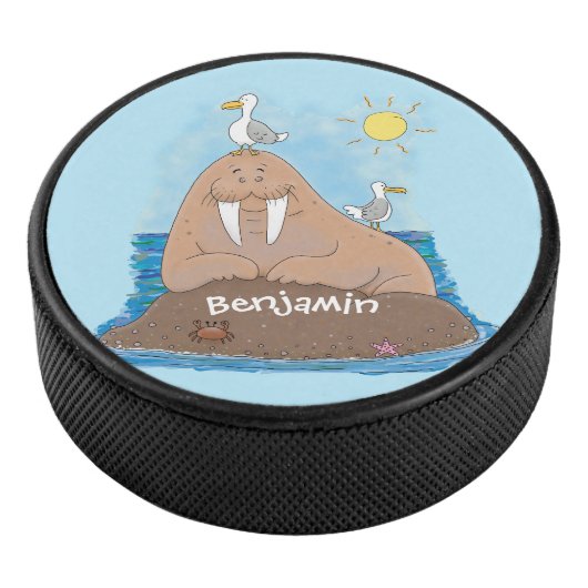 Funny happy walrus cartoon illustratie hockey puck (3/4)