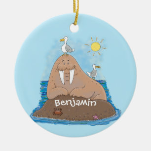 Funny happy walrus cartoon illustratie keramisch ornament