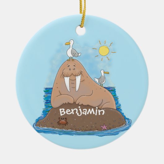 Funny happy walrus cartoon illustratie keramisch ornament (Voorkant)