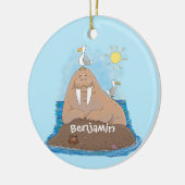 Funny happy walrus cartoon illustratie keramisch ornament (Links)