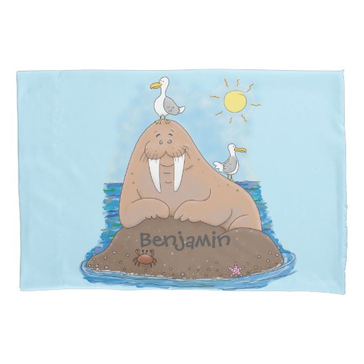 Funny happy walrus cartoon illustratie kussensloop (Voorkant)