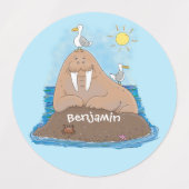 Funny happy walrus cartoon illustratie labels (Design 2)